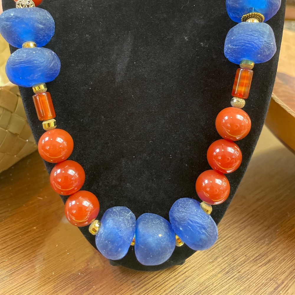 Powerful chunky blue African glass beaded necklace with carnelian beads.